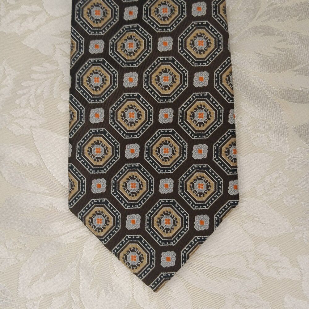 Vtg Beau Brummell Neck Tie Brown Geometric Medallion Print Retro 1960s/70 55x4